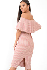 Mauve Pinstripe Frill Bardot Bodycon Midi Dress -Jovey