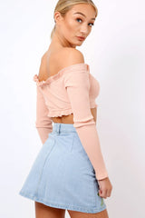 Nude Ribbed Frill Bardot Crop Top - Cassidy