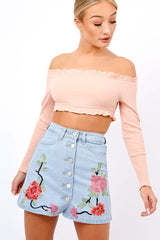 Nude Ribbed Frill Bardot Crop Top - Cassidy