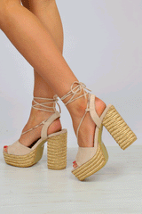 Nude Faux Suede Lace Up Rope Detail Platform Heel - Dalyn