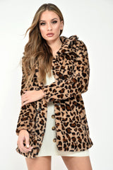 Leopard Faux Fur Popper Button Coat - Clarisa