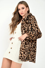 Leopard Faux Fur Popper Button Coat - Clarisa