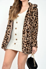Leopard Faux Fur Popper Button Coat - Clarisa