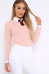 Nude Long Sleeved Striped Bow Bodysuit - Lashay