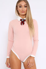 Nude Long Sleeved Striped Bow Bodysuit - Lashay