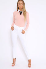 Nude Long Sleeved Striped Bow Bodysuit - Lashay