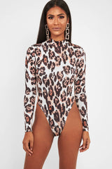 Nude Leopard Print Slinky High Neck Bodysuit - Abira
