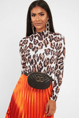 Nude Leopard Print Slinky High Neck Bodysuit - Abira