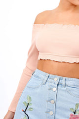 Nude Ribbed Frill Bardot Crop Top - Cassidy