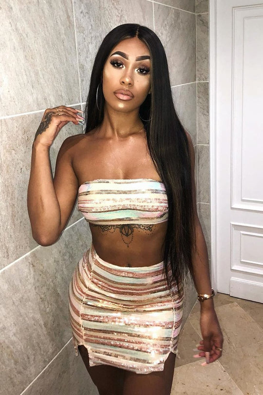Nude Sequin Stripe Bandeau Mini Skirt Co-Ord - Sidney