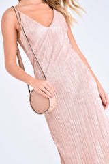 Nude Glitter Plunge Plisse Midi Slip Dress - Siara