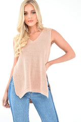 Nude Chunky Knit Sleeveless V Neck Jumper - Zaliyah
