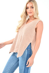 Nude Chunky Knit Sleeveless V Neck Jumper - Zaliyah