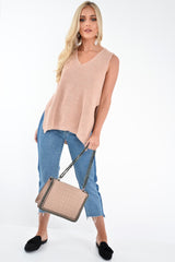 Nude Chunky Knit Sleeveless V Neck Jumper - Zaliyah