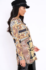 Black and Gold Scarf Print Button Front Shirt Dress - Nyanna