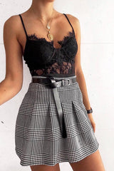 Black White Houndstooth Pleated Mini Skirt - Nyonna