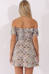 Nude Metallic Floral Print Mini Skater Dress - Oberon