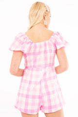 Pink Gingham Tie Front Puff Sleeve Playsuit - Davey