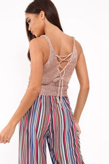 Rose Gold Metallic Knit Lace Up crop Top - Odella