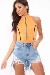 Orange Contrast Zip Front Bodysuit - Odine