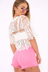 White Sheer Lace Scalloped Crop Top - Odyssey