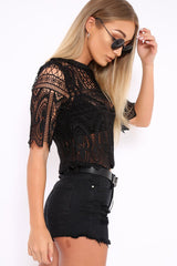 Black Sheer Lace Scalloped Crop Top - Odyssey