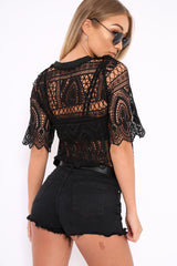 Black Sheer Lace Scalloped Crop Top - Odyssey