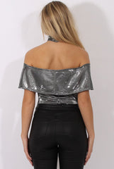 Silver Metallic Bardot Choker Bodysuit - Ofelia