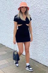 Black Ribbed Extreme Side Cut Out Mini Dress - Jaydee