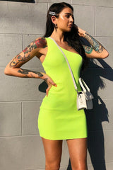 Neon Yellow Rib Knit One Shoulder Mini Dress - Elisabeth