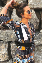 Mustard And Blue Plunge Aztec Flute Sleeve Shift Dress - Olesya