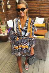 Mustard And Blue Plunge Aztec Flute Sleeve Shift Dress - Olesya