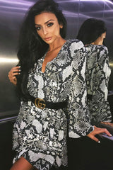 Grey Snake Print Plunge Flute Sleeve Shift Dress - Olesya