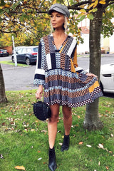 Mustard And Blue Plunge Aztec Flute Sleeve Shift Dress - Olesya