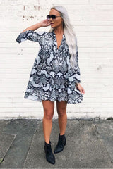 Grey Snake Print Plunge Flute Sleeve Shift Dress - Olesya