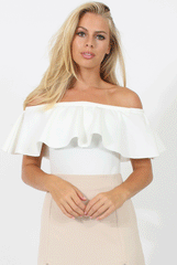 White Bardot Frill Layer Bodysuit - Olga