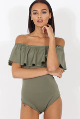 Khaki Bardot Frill Layer Bodysuit - Olga