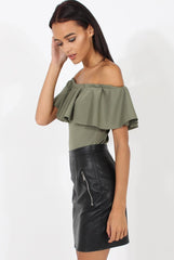 Khaki Bardot Frill Layer Bodysuit - Olga