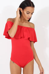 Red Bardot Frill Layer Bodysuit - Olga