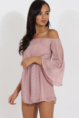 Pink Bardot Floral Embroidered Playsuit - Olita