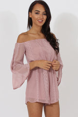 Pink Bardot Floral Embroidered Playsuit - Olita