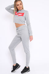 Grey Super Red Slogan Crop Jumper And Joggers Loungerwear Set - Olita