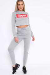 Grey Super Red Slogan Crop Jumper And Joggers Loungerwear Set - Olita