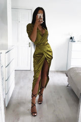 Olive Satin Plunge Wrap Front Maxi Dress - Beni