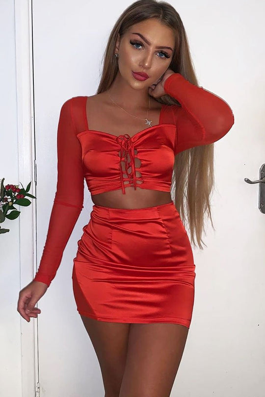 Red Satin Mesh Lace Up Detail Co-Ord - Levi