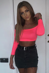 Neon Pink Ribbed Bardot Crop Top - Jodi