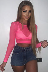 Neon Pink Mesh Long Sleeve Crop Top - Presley