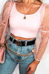 Pink Polka Dot Organza Sleeve Crop Top - Bianca