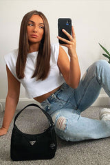 White Cropped Shoulder Pad T-shirt - Ivani