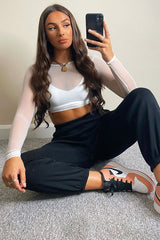 White Mesh Long Sleeve Crop Top - Aaima